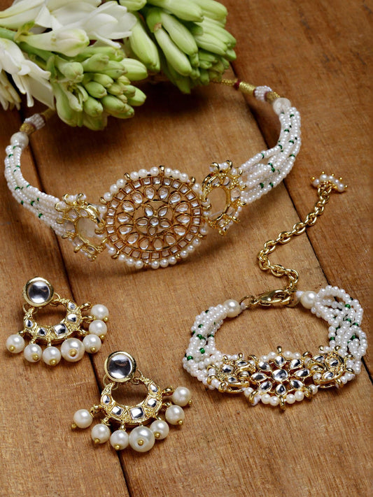 Celestial Blooms: Karatcart Gold Plated Floral and Moon Shape Pearl Beaded Choker Necklace Set